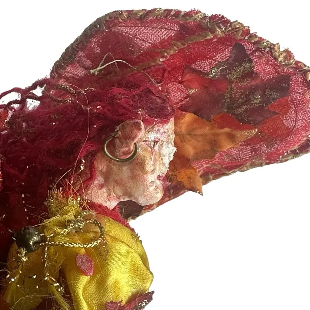Handmade Fairy Art Doll Red Gold Leaves Wings Whimsical Pixie Fantasy Damaged